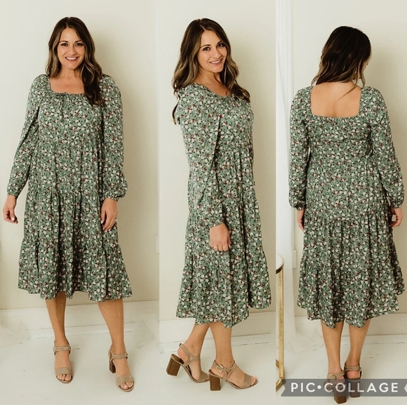 Hayden Los Angeles Women's Green Floral Long Sleeve Tiered Peasant Midi Dress - Picture 1 of 8